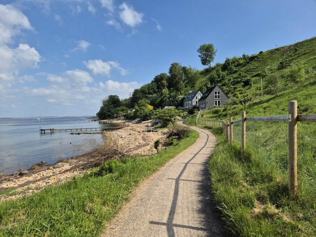 Vacker väg som slingrar sig längs med havet och grönska.