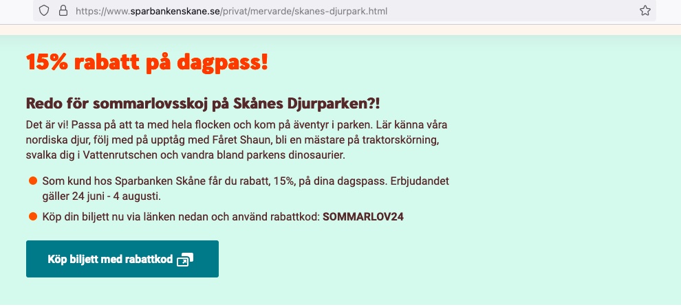 Rabattkod till inträde från Sparbanken 15% för Skånes djurpark 